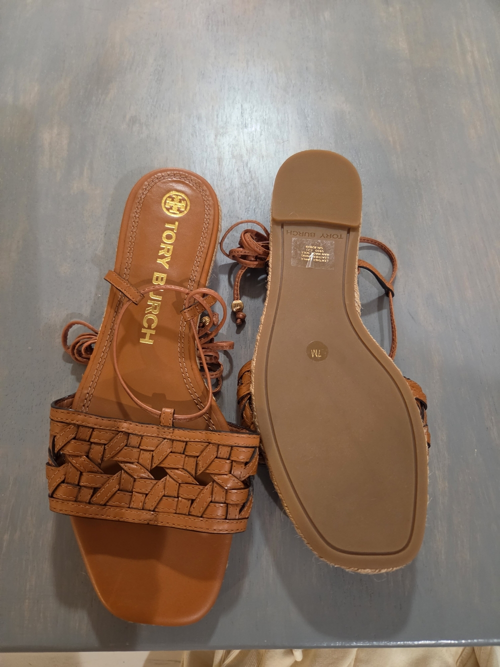 Tory Burch Basketweave Lace-Up Women's Sandals in Cognac - Picture 13 of 15